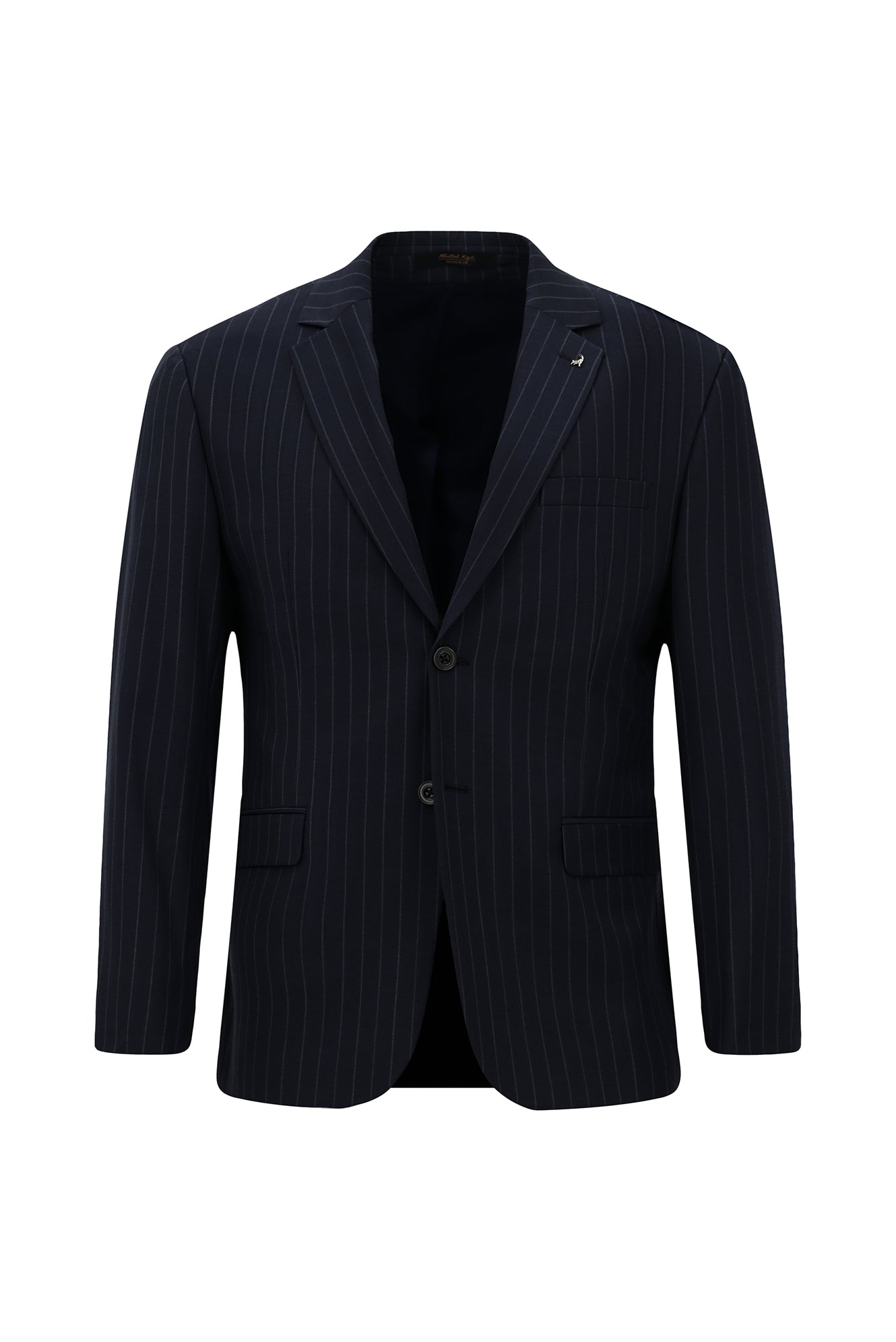 Orta Lacivert 7 Drop Slim Fit Dar Kesim Yünlü Mono Yaka Beli Lastikli Çizgili Takım Elbise