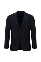 Orta Lacivert 7 Drop Slim Fit Dar Kesim Yünlü Mono Yaka Beli Lastikli Çizgili Takım Elbise