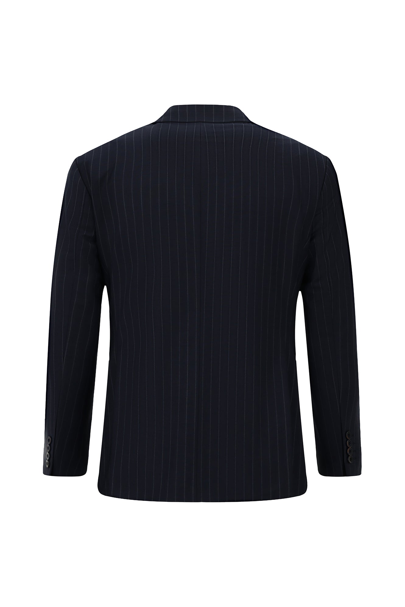 Orta Lacivert 7 Drop Slim Fit Dar Kesim Yünlü Mono Yaka Beli Lastikli Çizgili Takım Elbise