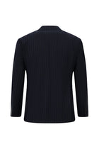 Orta Lacivert 7 Drop Slim Fit Dar Kesim Yünlü Mono Yaka Beli Lastikli Çizgili Takım Elbise