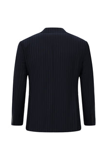 Orta Lacivert 7 Drop Slim Fit Dar Kesim Yünlü Mono Yaka Beli Lastikli Çizgili Takım Elbise