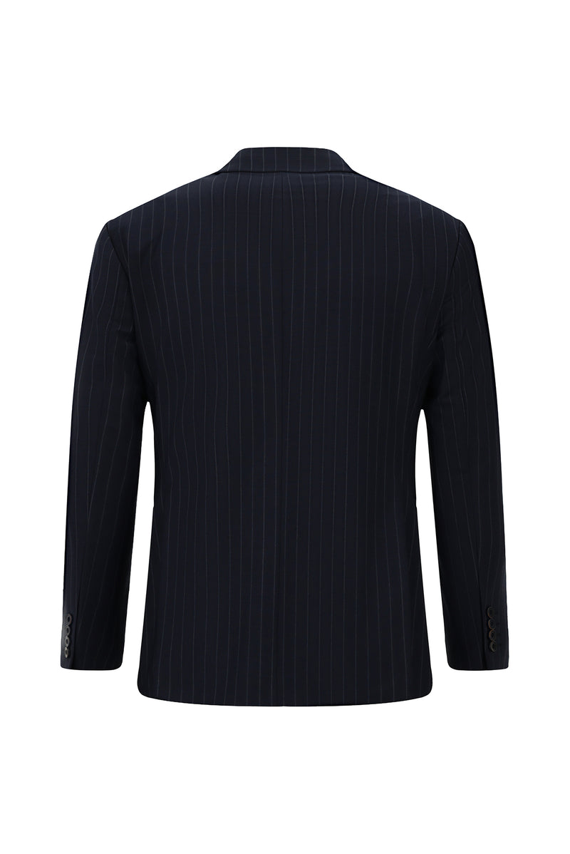 Orta Lacivert 7 Drop Slim Fit Dar Kesim Yünlü Mono Yaka Beli Lastikli Çizgili Takım Elbise