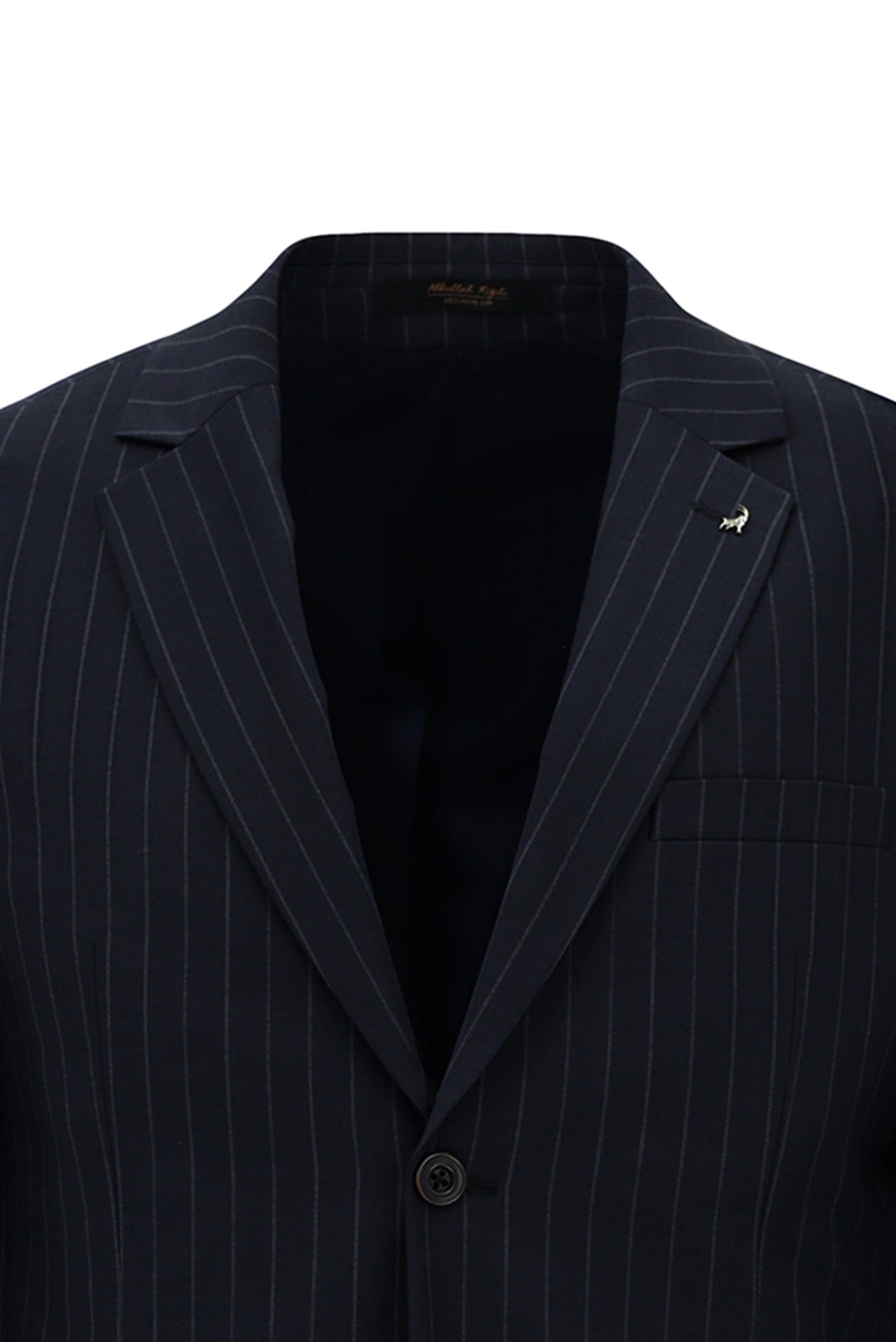 Orta Lacivert 7 Drop Slim Fit Dar Kesim Yünlü Mono Yaka Beli Lastikli Çizgili Takım Elbise