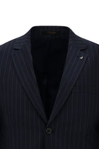 Orta Lacivert 7 Drop Slim Fit Dar Kesim Yünlü Mono Yaka Beli Lastikli Çizgili Takım Elbise