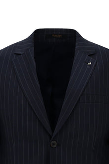 Orta Lacivert 7 Drop Slim Fit Dar Kesim Yünlü Mono Yaka Beli Lastikli Çizgili Takım Elbise