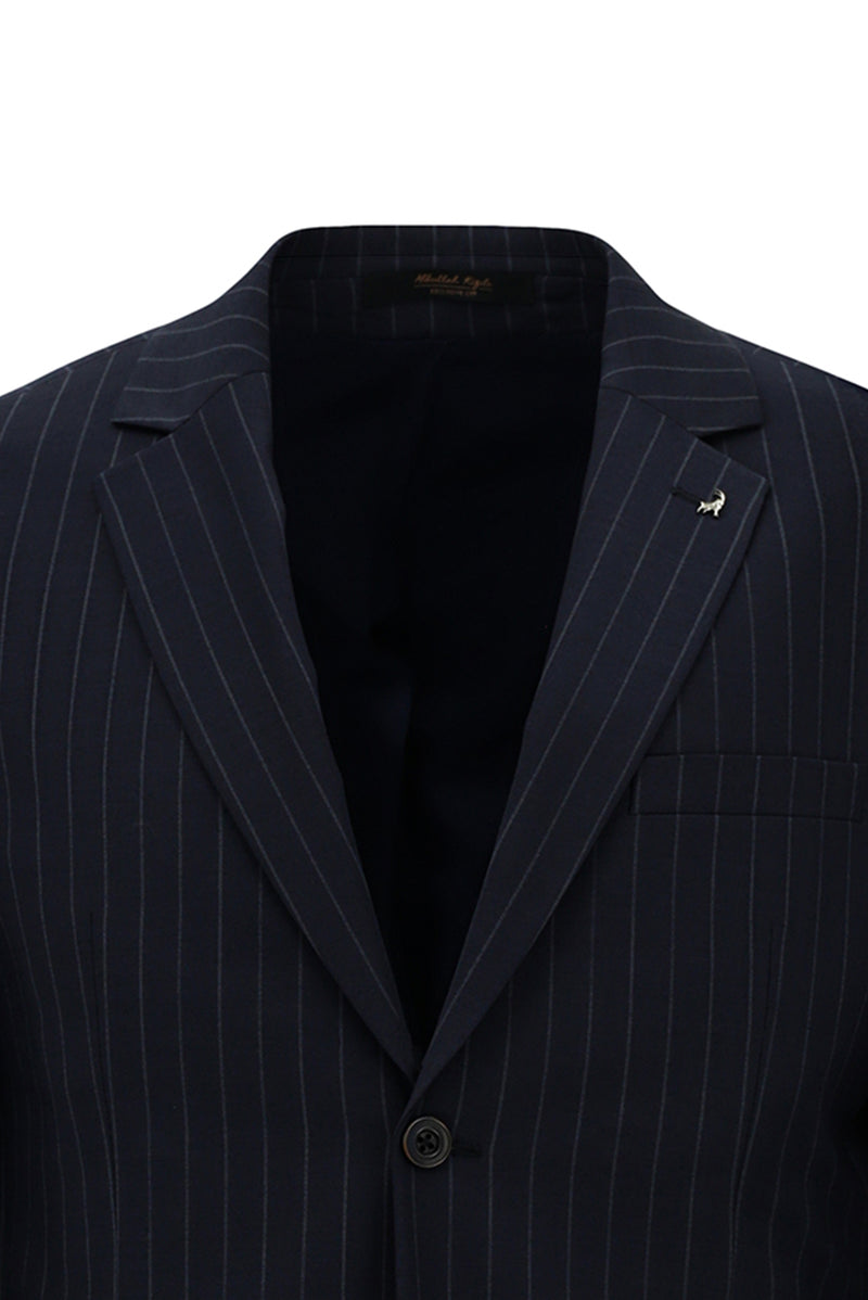 Orta Lacivert 7 Drop Slim Fit Dar Kesim Yünlü Mono Yaka Beli Lastikli Çizgili Takım Elbise