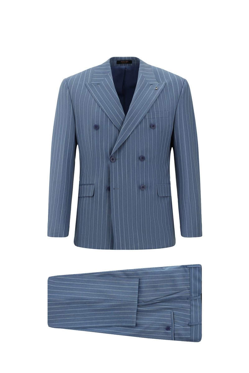 Mavi Slim Fit Dar Kesim Yünlü Çizgili Kruvaze Takım Elbise