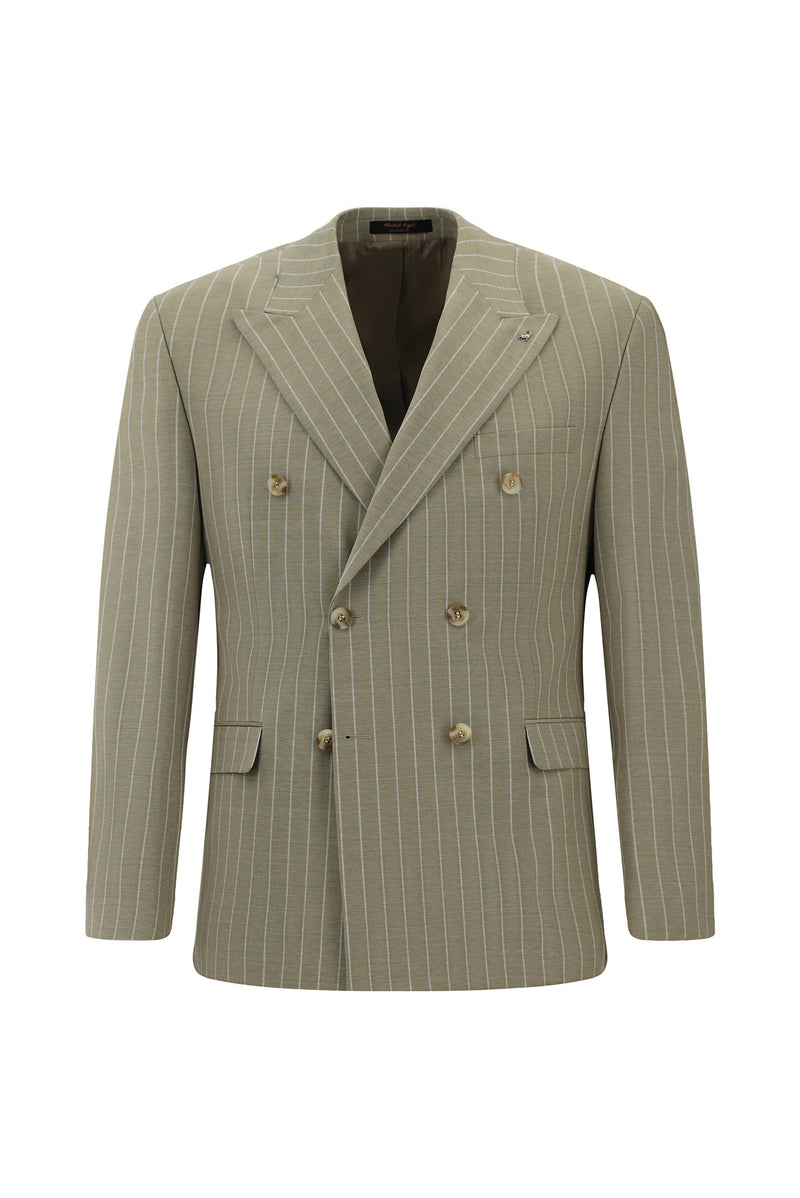 Açık Vizon Slim Fit Dar Kesim Yünlü Çizgili Kruvaze Takım Elbise