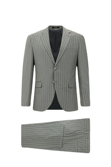 Açık Füme Slim Fit Dar Kesim Yünlü Çizgili Klasik Takım Elbise