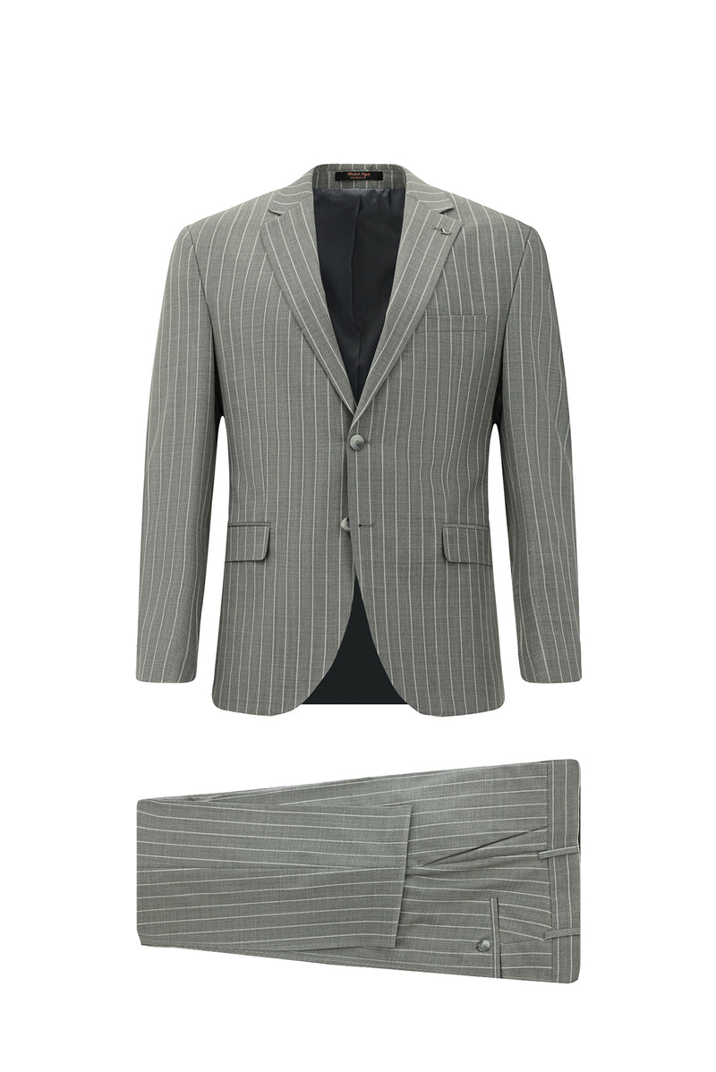 Açık Füme Slim Fit Dar Kesim Yünlü Çizgili Klasik Takım Elbise