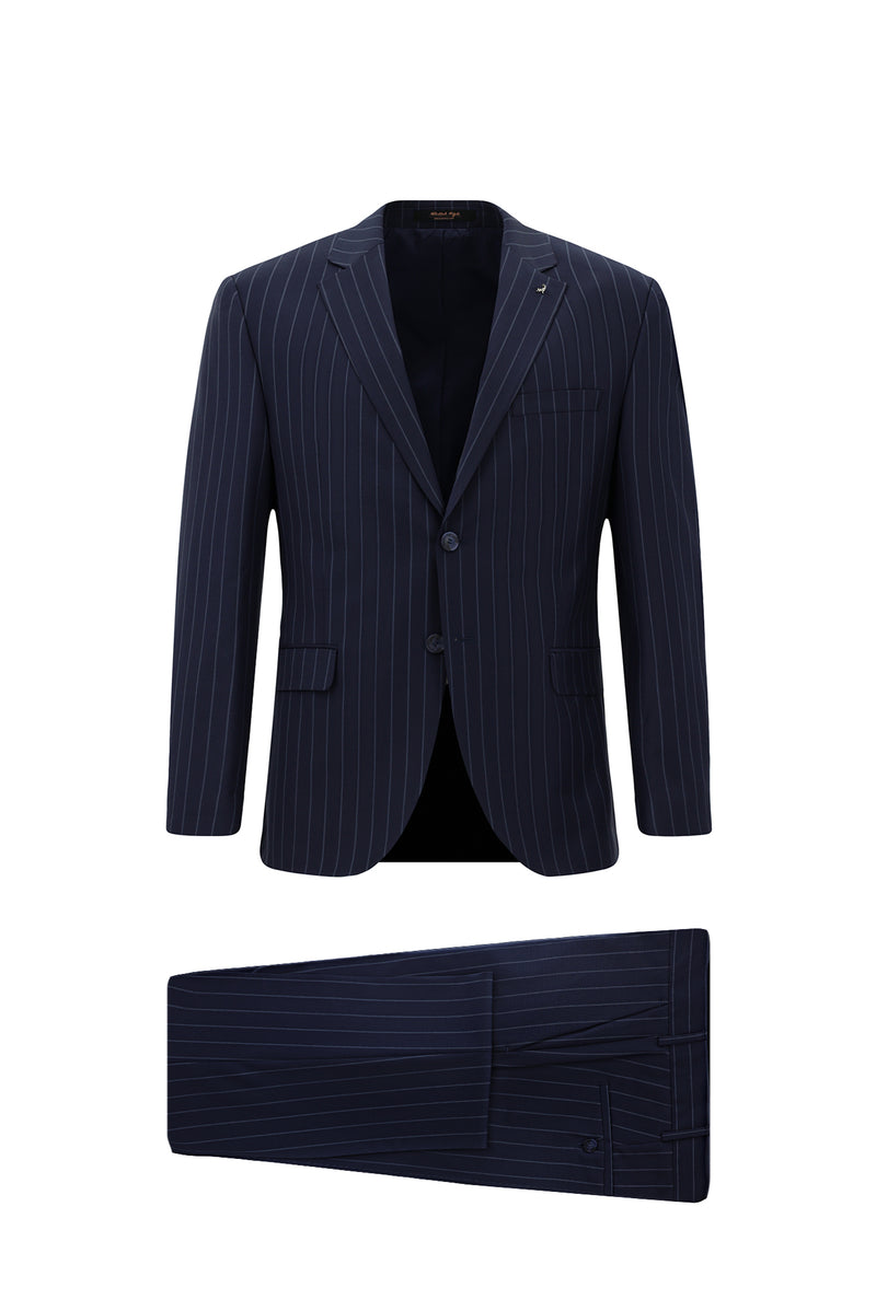 Koyu Lacivert Slim Fit Dar Kesim Yünlü Çizgili Klasik Takım Elbise