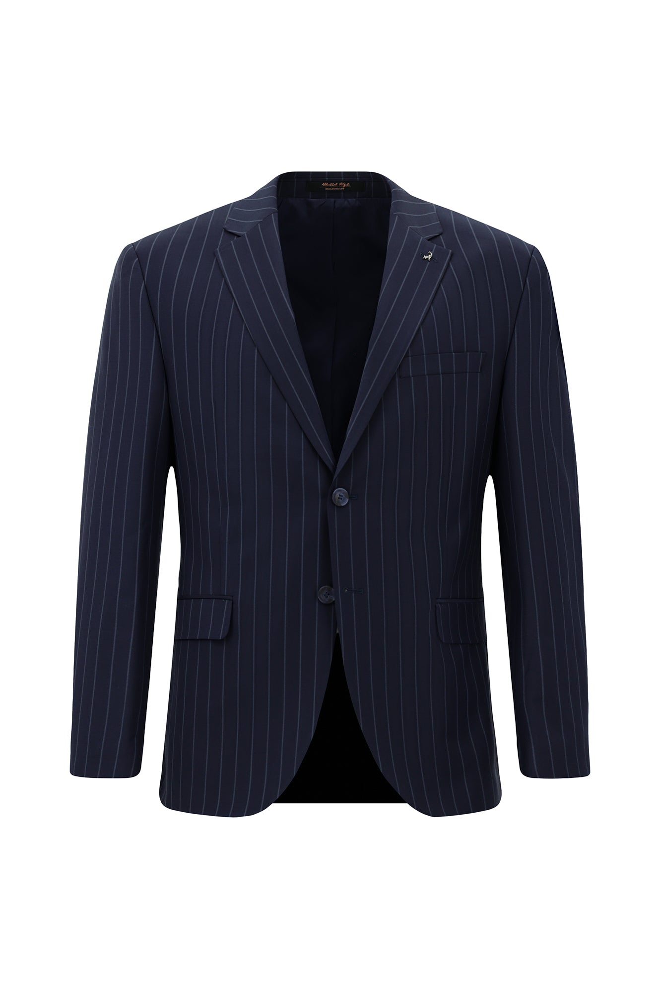 Koyu Lacivert Slim Fit Dar Kesim Yünlü Çizgili Klasik Takım Elbise