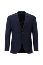 Koyu Lacivert Slim Fit Dar Kesim Yünlü Çizgili Klasik Takım Elbise
