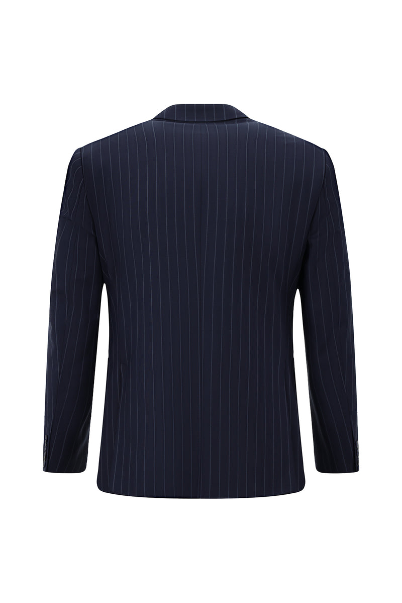 Koyu Lacivert Slim Fit Dar Kesim Yünlü Çizgili Klasik Takım Elbise