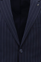 Koyu Lacivert Slim Fit Dar Kesim Yünlü Çizgili Klasik Takım Elbise