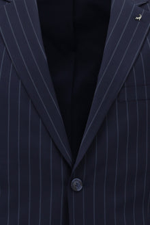 Koyu Lacivert Slim Fit Dar Kesim Yünlü Çizgili Klasik Takım Elbise