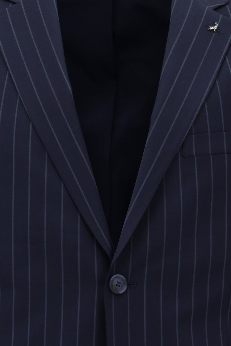 Koyu Lacivert Slim Fit Dar Kesim Yünlü Çizgili Klasik Takım Elbise