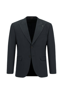 Koyu Lacivert Relaxed Fit Rahat Kesim Klasik Çizgili Yünlü Beli Lastikli Takım Elbise