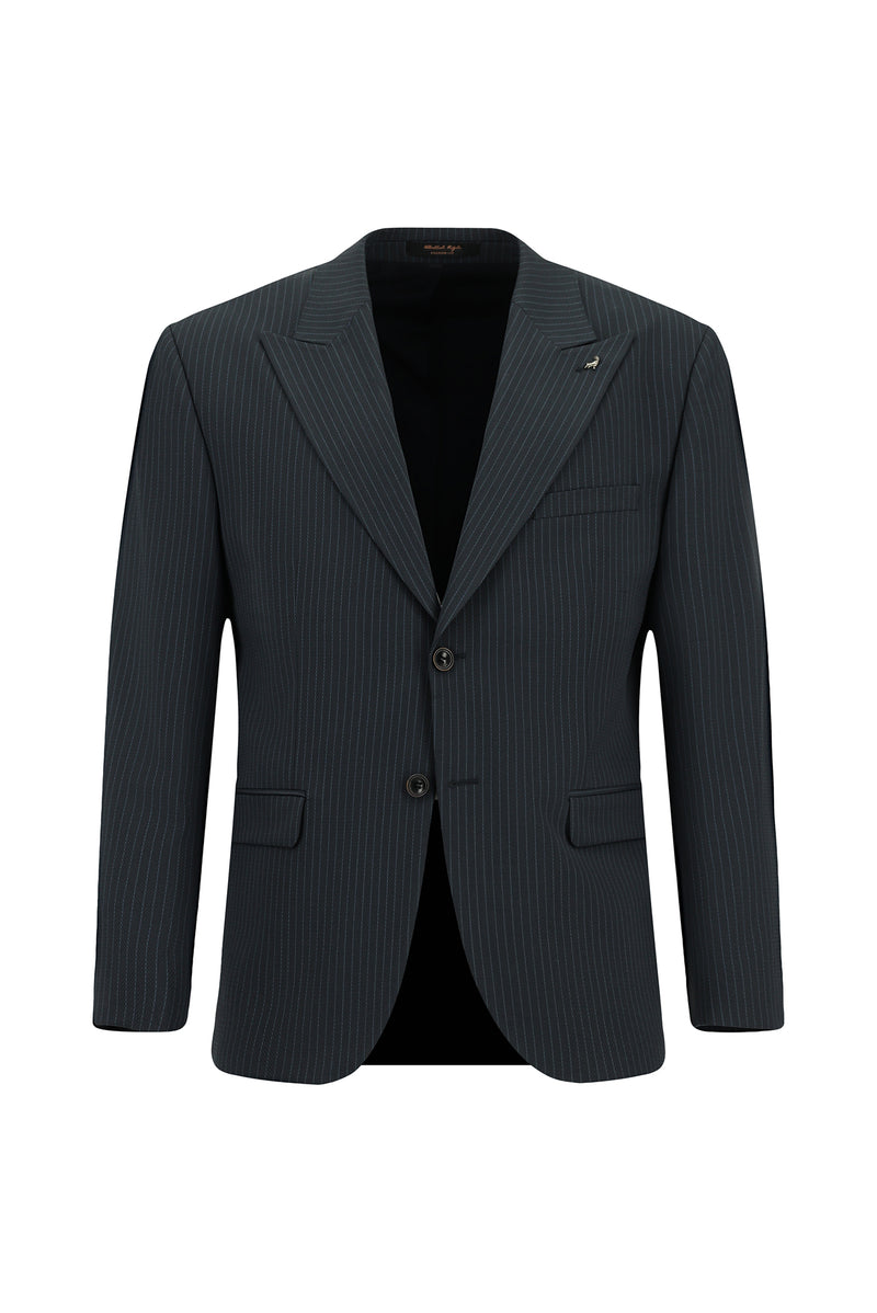 Koyu Lacivert Relaxed Fit Rahat Kesim Klasik Çizgili Yünlü Beli Lastikli Takım Elbise