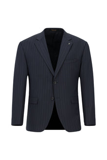 Koyu Lacivert Regular Fit Yünlü Klasik Çizgili Beli Lastikli Pileli Takım Elbise