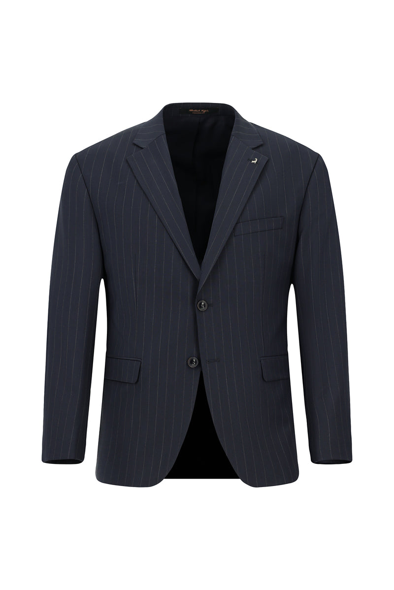 Koyu Lacivert Regular Fit Yünlü Klasik Çizgili Beli Lastikli Pileli Takım Elbise