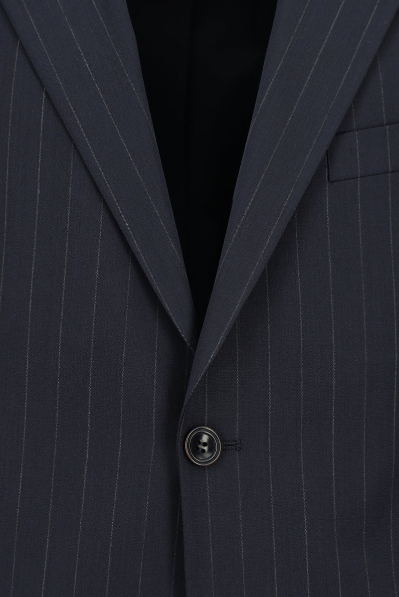 Koyu Lacivert Regular Fit Yünlü Klasik Çizgili Beli Lastikli Pileli Takım Elbise