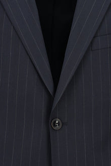 Koyu Lacivert Relaxed Fit Rahat Kesim Yünlü Klasik Çizgili Beli Lastikli Pileli Takım Elbise