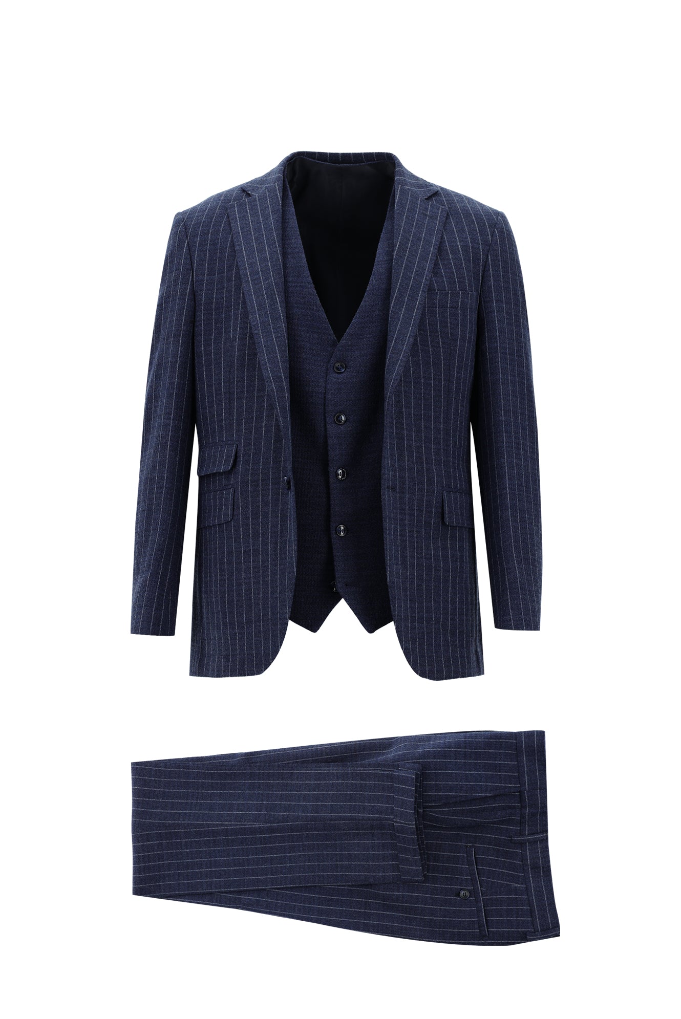 Orta Lacivert Super Slim Fit Ekstra Dar Kesim Yünlü Çizgili Yelekli Takım Elbise