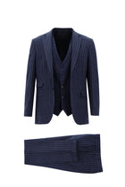 Orta Lacivert Super Slim Fit Ekstra Dar Kesim Yünlü Çizgili Yelekli Takım Elbise