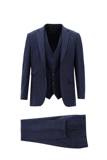 Orta Lacivert Super Slim Fit Ekstra Dar Kesim Yünlü Çizgili Yelekli Takım Elbise