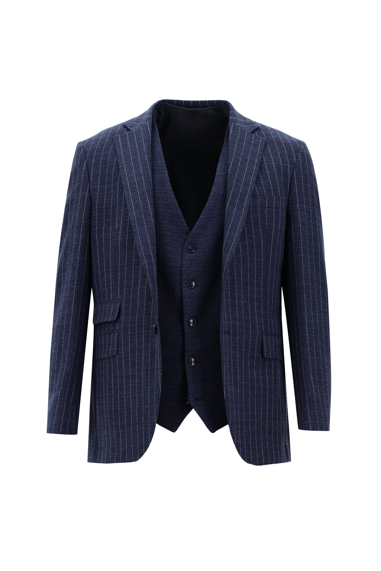 Orta Lacivert Super Slim Fit Ekstra Dar Kesim Yünlü Çizgili Yelekli Takım Elbise