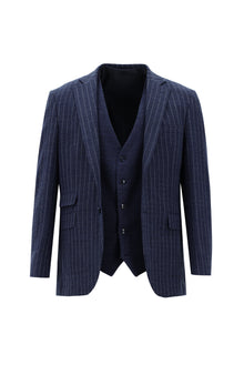 Orta Lacivert Super Slim Fit Ekstra Dar Kesim Yünlü Çizgili Yelekli Takım Elbise