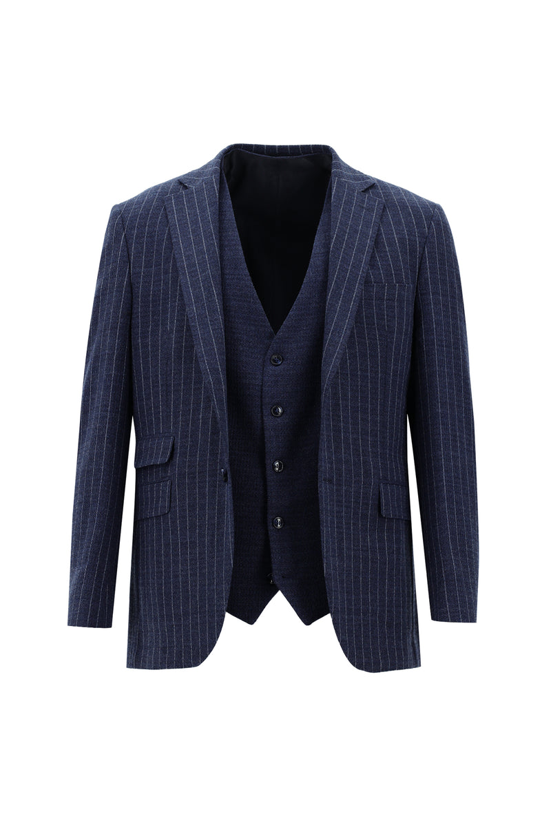 Orta Lacivert Super Slim Fit Ekstra Dar Kesim Yünlü Çizgili Yelekli Takım Elbise