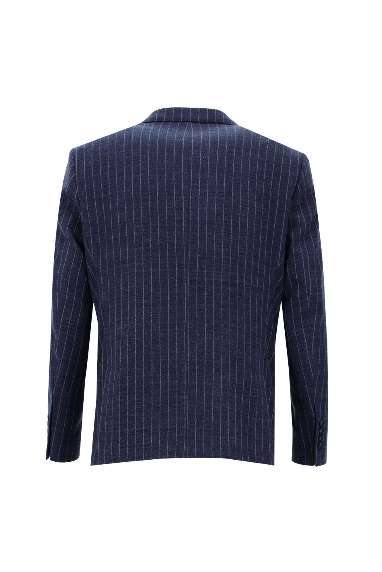 Orta Lacivert Super Slim Fit Ekstra Dar Kesim Yünlü Çizgili Yelekli Takım Elbise