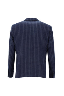 Orta Lacivert Super Slim Fit Ekstra Dar Kesim Yünlü Çizgili Yelekli Takım Elbise