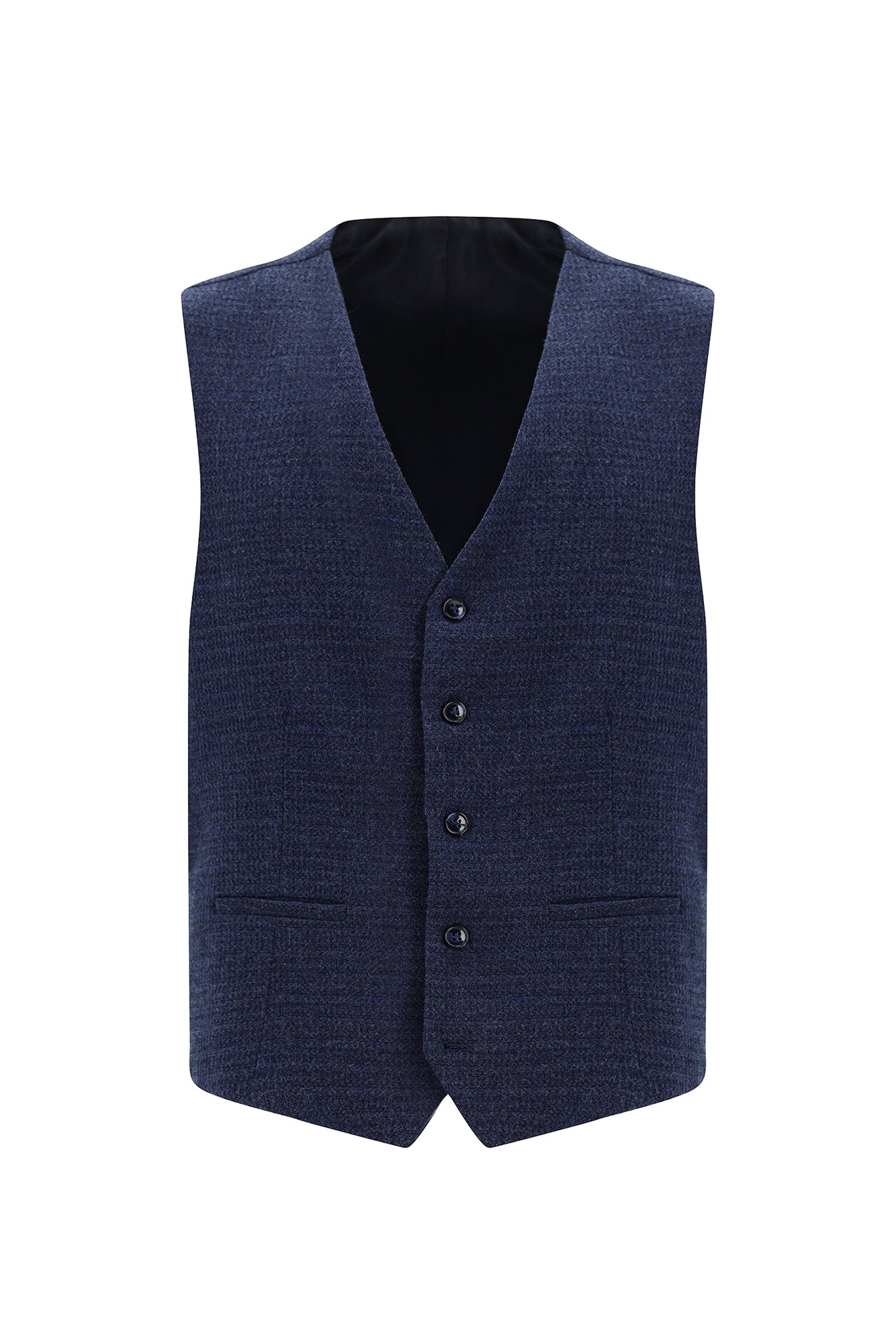 Orta Lacivert Super Slim Fit Ekstra Dar Kesim Yünlü Çizgili Yelekli Takım Elbise