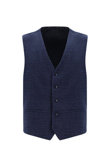 Orta Lacivert Super Slim Fit Ekstra Dar Kesim Yünlü Çizgili Yelekli Takım Elbise