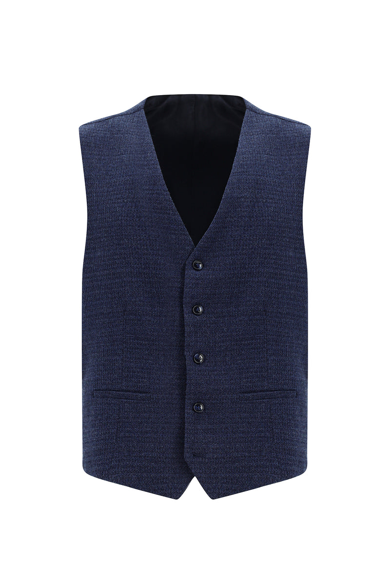 Orta Lacivert Super Slim Fit Ekstra Dar Kesim Yünlü Çizgili Yelekli Takım Elbise