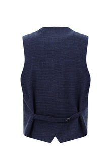 Orta Lacivert Super Slim Fit Ekstra Dar Kesim Yünlü Çizgili Yelekli Takım Elbise