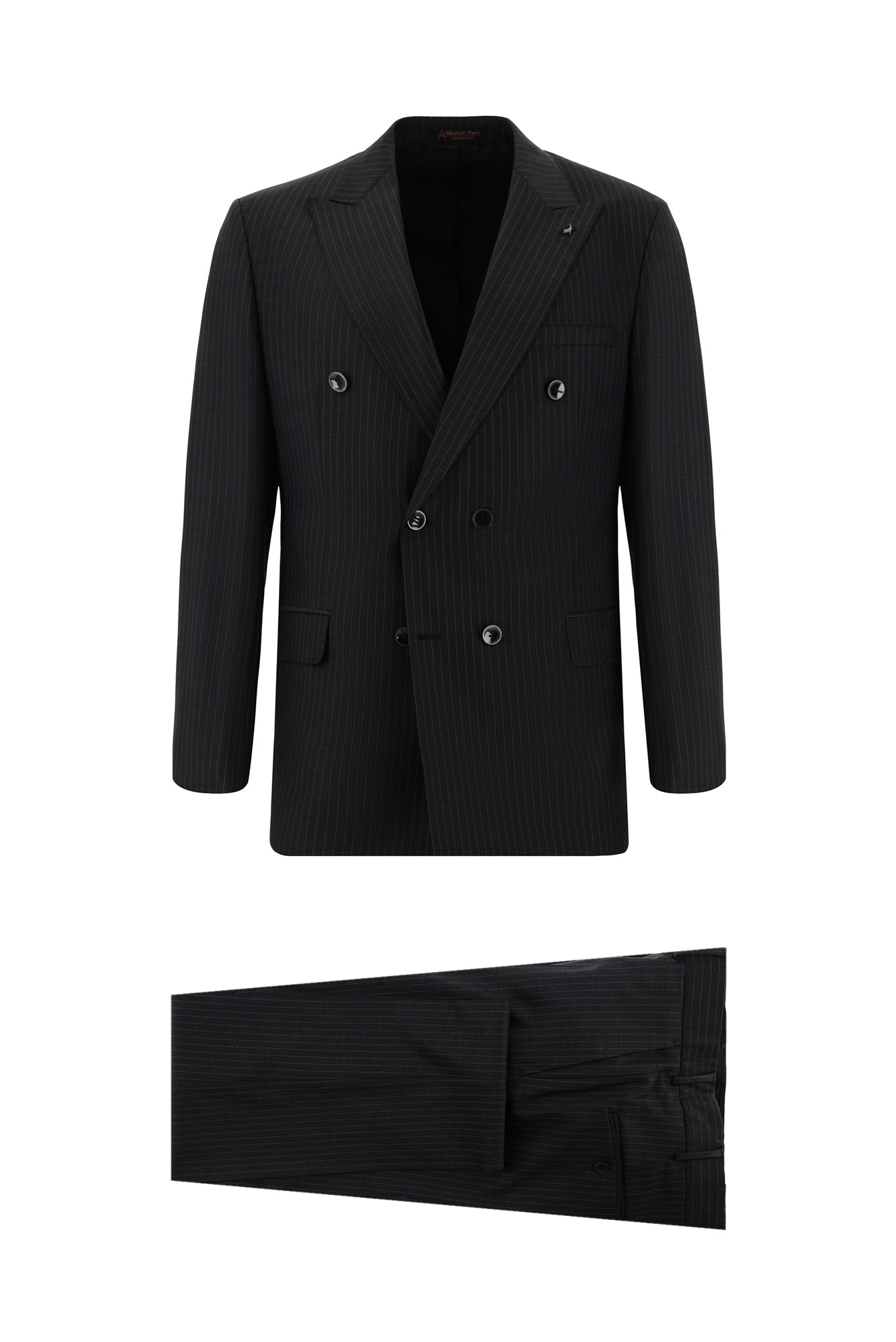 Koyu Antrasit Slim Fit Dar Kesim Çizgili Yünlü Kruvaze Takım Elbise