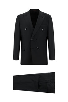 Koyu Antrasit Slim Fit Dar Kesim Çizgili Yünlü Kruvaze Takım Elbise