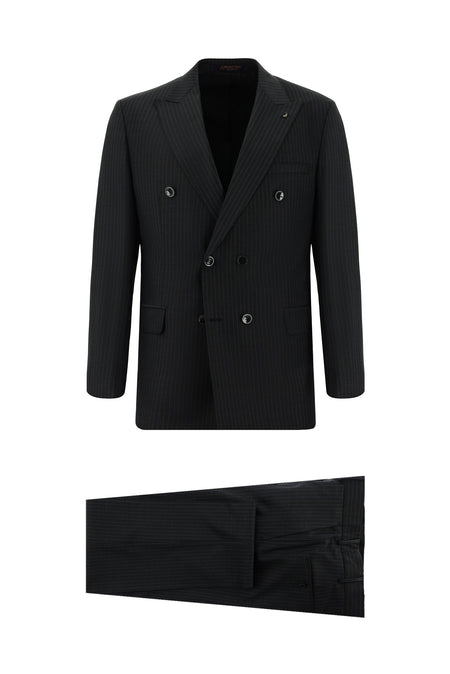 Koyu Antrasit Slim Fit Dar Kesim Çizgili Yünlü Kruvaze Takım Elbise