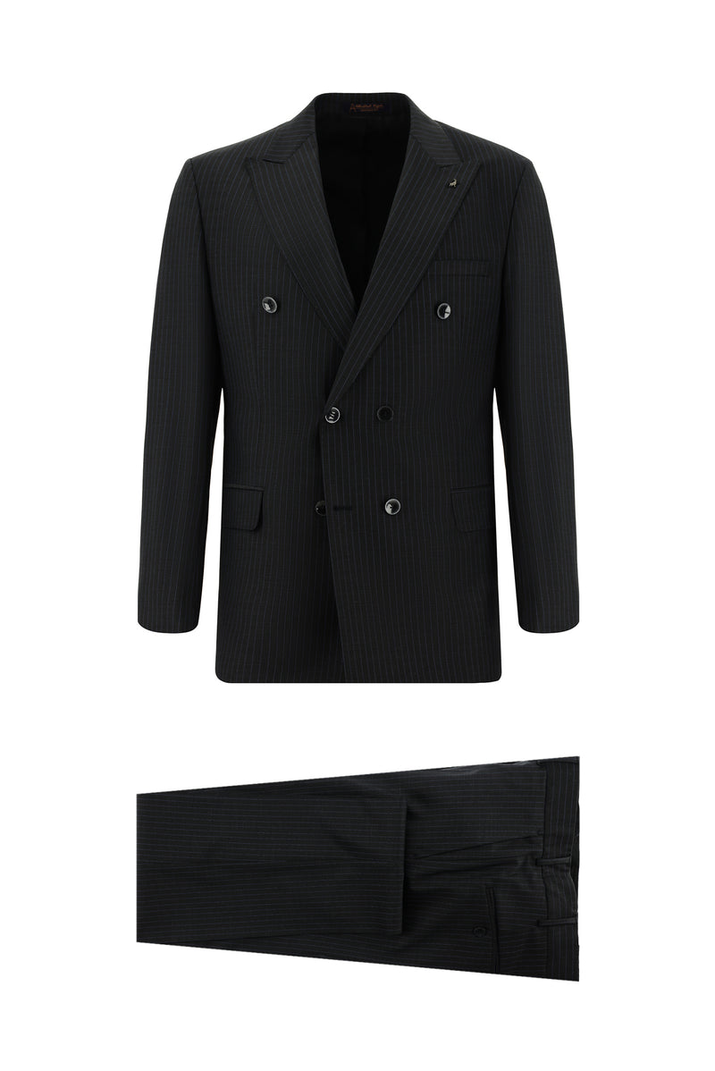 Koyu Antrasit Slim Fit Dar Kesim Çizgili Yünlü Kruvaze Takım Elbise