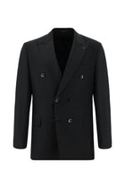 Koyu Antrasit Slim Fit Dar Kesim Çizgili Yünlü Kruvaze Takım Elbise