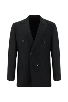 Koyu Antrasit Slim Fit Dar Kesim Çizgili Yünlü Kruvaze Takım Elbise