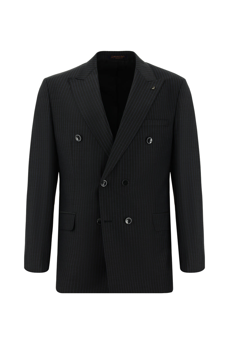 Koyu Antrasit Slim Fit Dar Kesim Çizgili Yünlü Kruvaze Takım Elbise