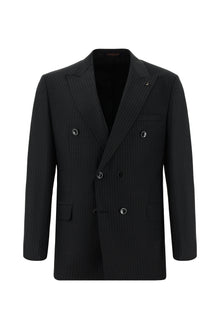 Koyu Antrasit 7 Drop Slim Fit Dar Kesim Çizgili Yünlü Kruvaze Tak?m Elbise-Abdullah Ki??l?