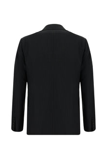 Koyu Antrasit Slim Fit Dar Kesim Çizgili Yünlü Kruvaze Takım Elbise