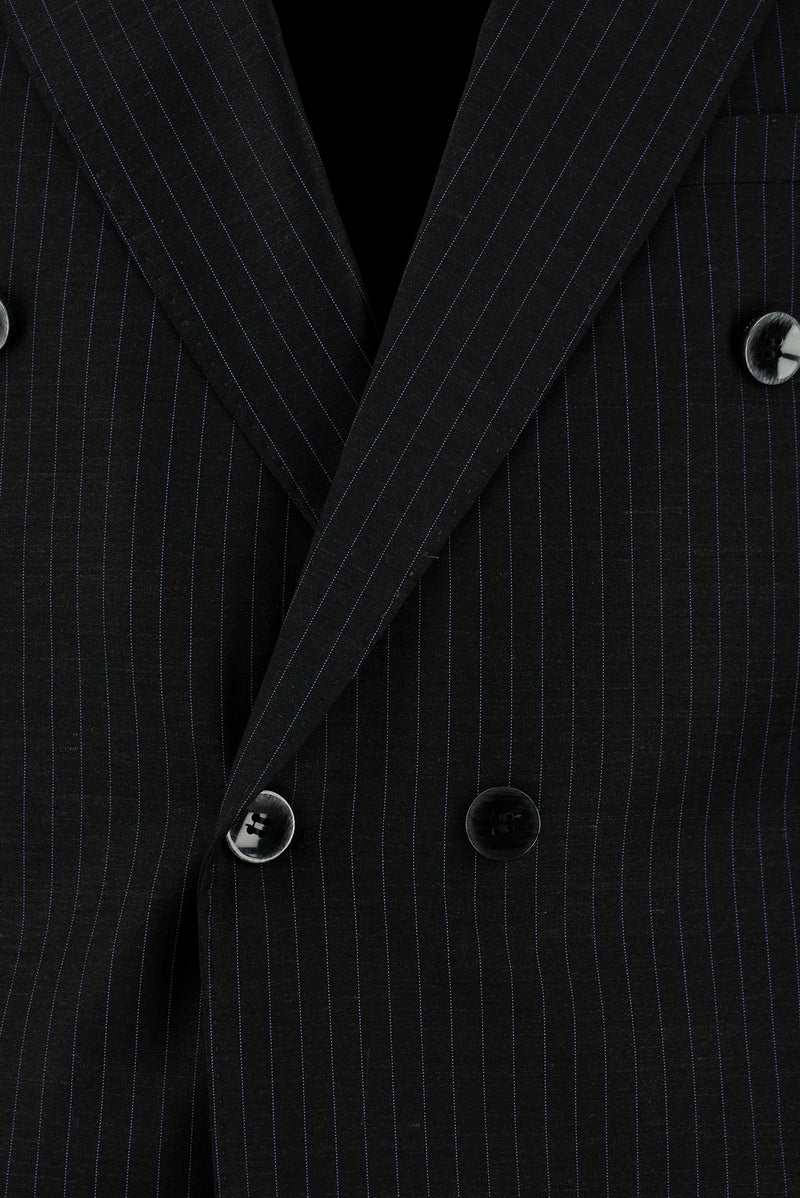 Koyu Antrasit Slim Fit Dar Kesim Çizgili Yünlü Kruvaze Takım Elbise