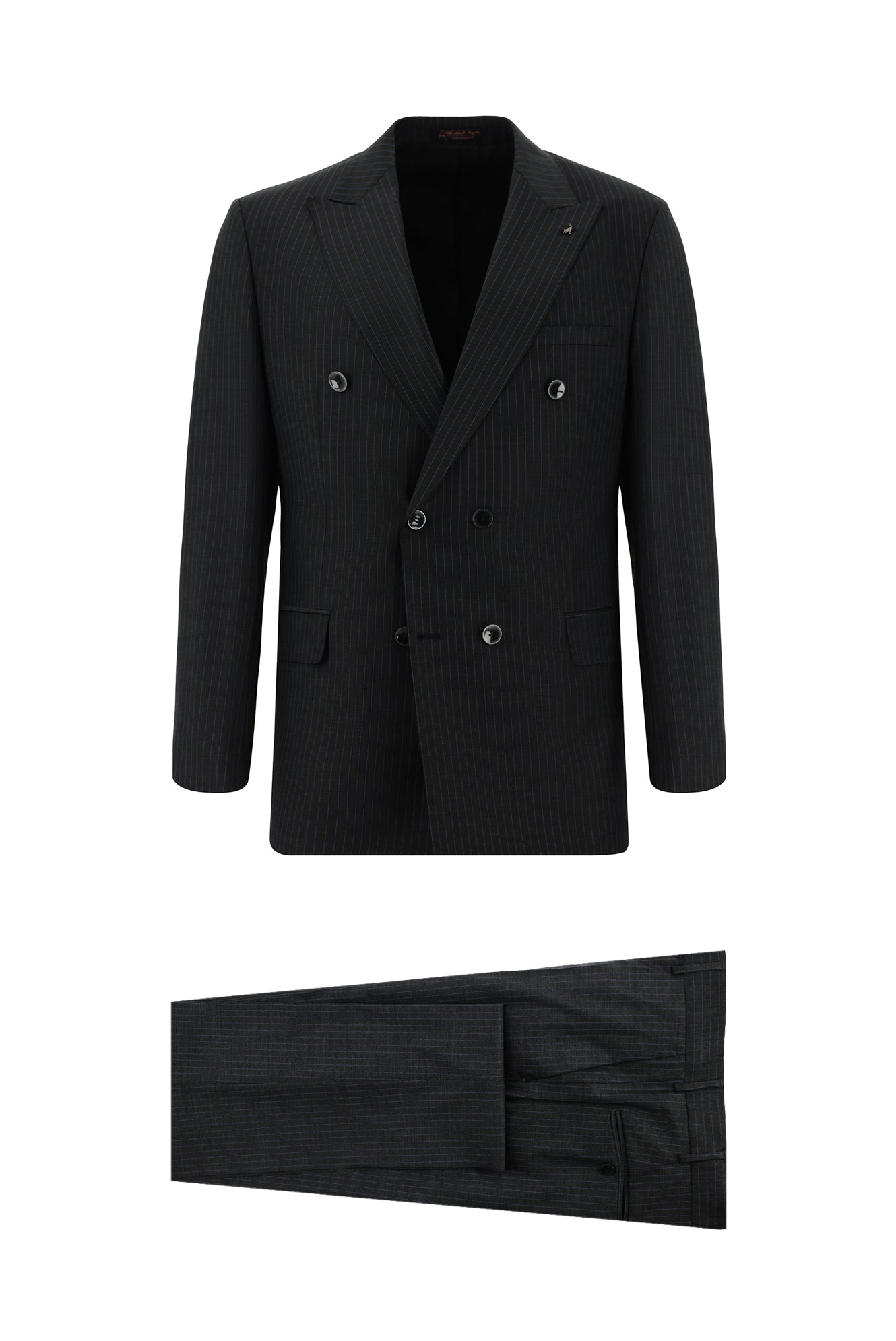 Orta Antrasit Slim Fit Dar Kesim Çizgili Yünlü Kruvaze Takım Elbise